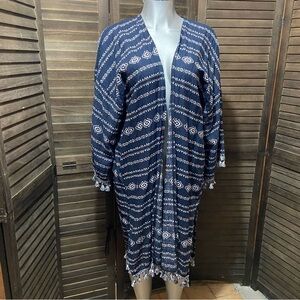 Navy Blue Kimono Duster Cardigan Aztec Print Open Front Fringe Hem Bohemian